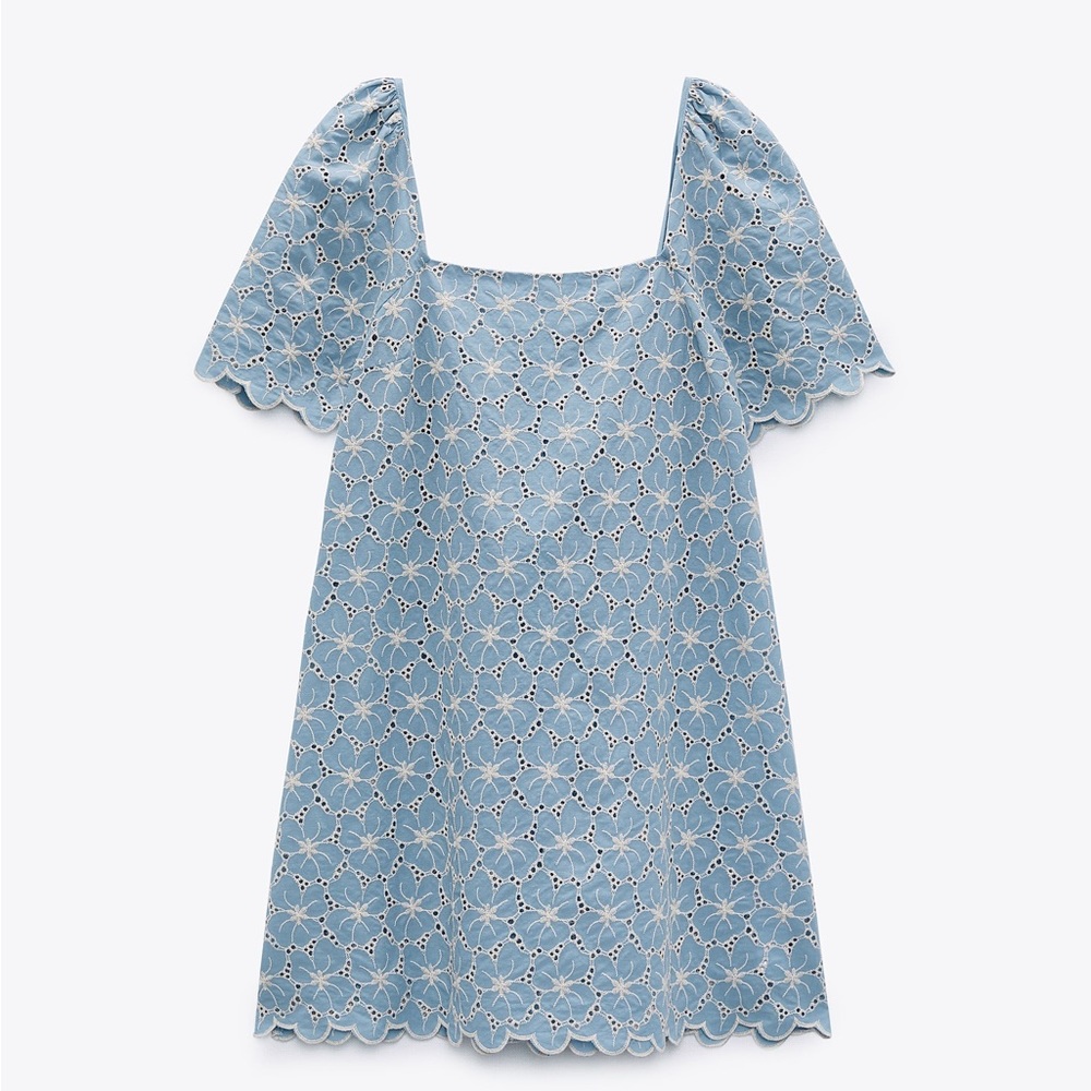 ZARA Baby Blue Floral Crochet Embroidered Eyelet Mini Dress $79